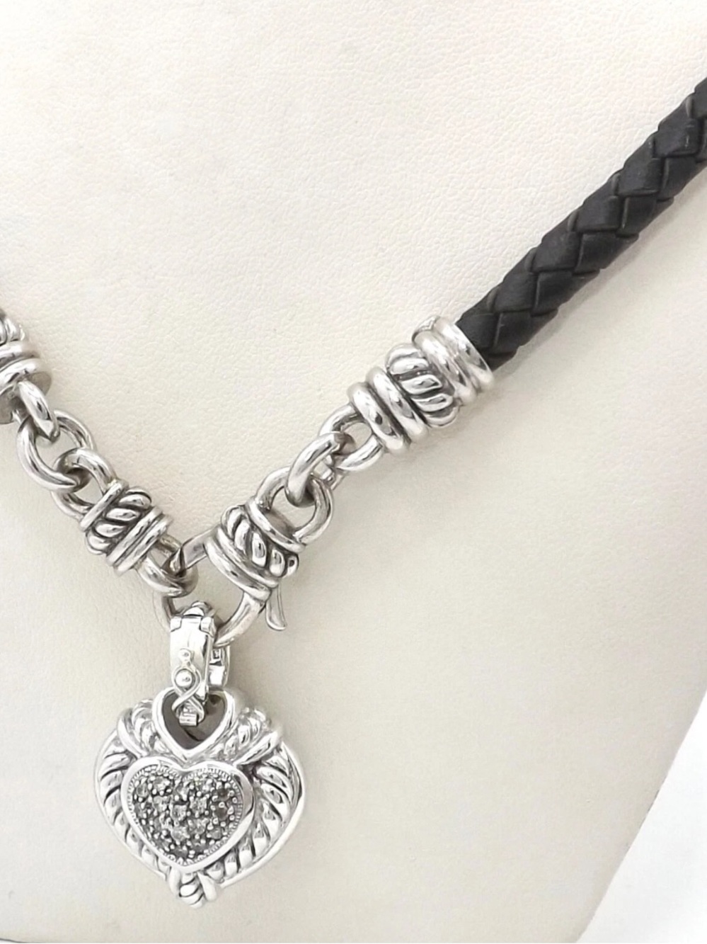 Judith Ripka sterling silver braided leather heart pendant necklace